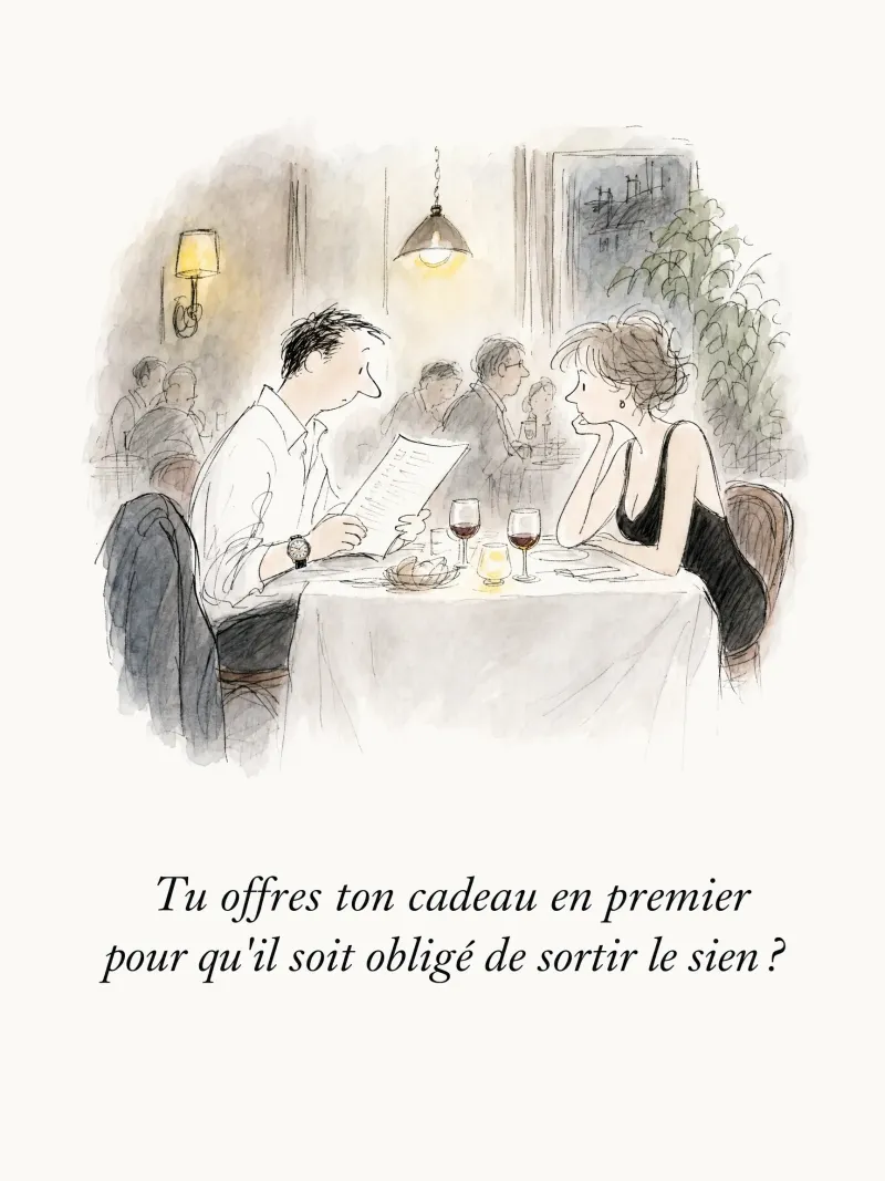 Tu offres ton cadeau en premier pour qu'il soit obligé de sortir le sien ?