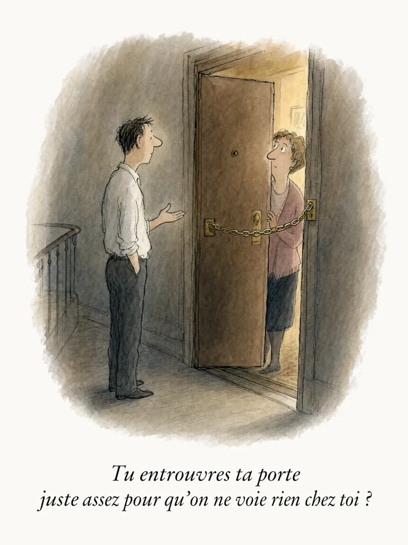 Tu entrouvres ta porte juste assez pour qu'on ne voie rien chez toi ?