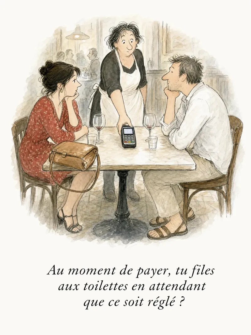 Au moment de payer, tu files aux toilettes en attendant que ce soit réglé ?