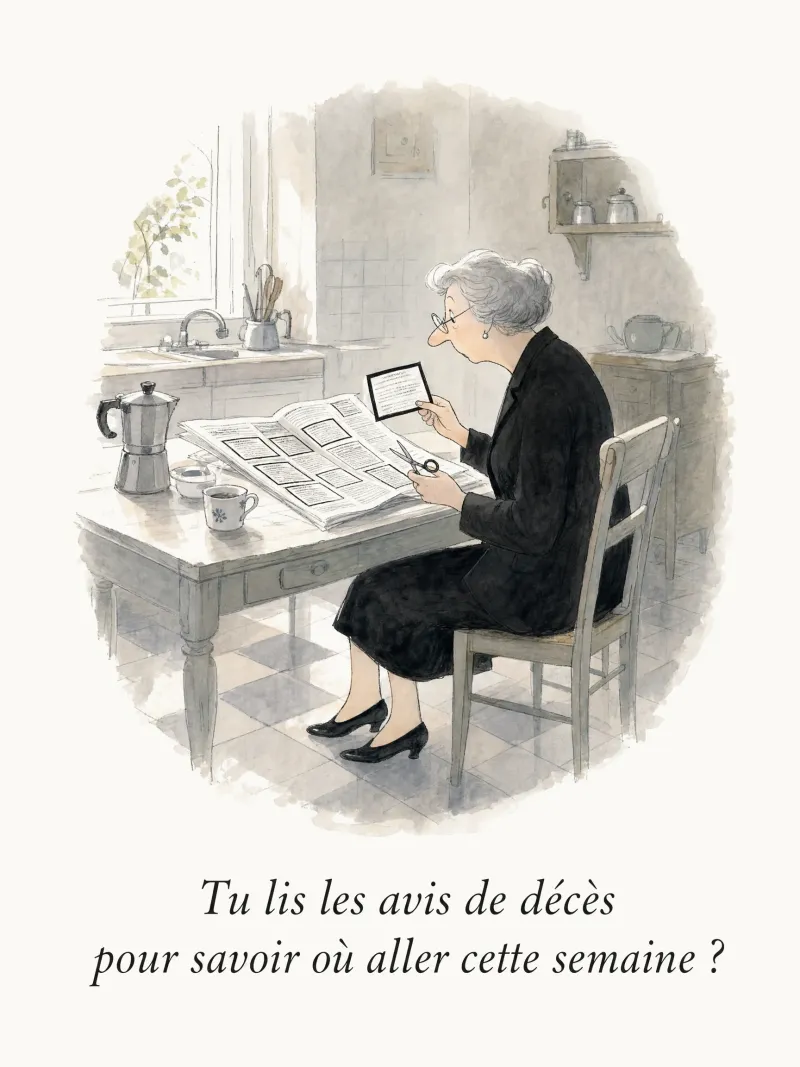 Tu lis les avis de décès pour savoir où aller cette semaine ?