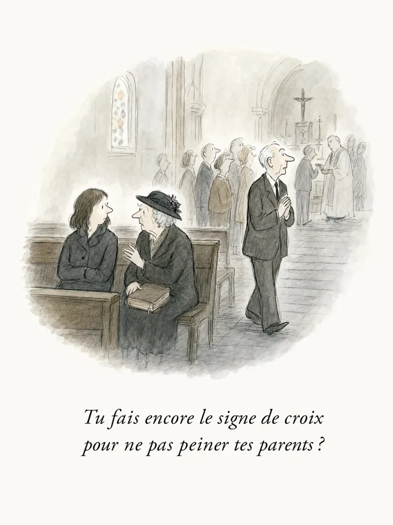 Tu fais encore le signe de croix pour ne pas peiner tes parents ?